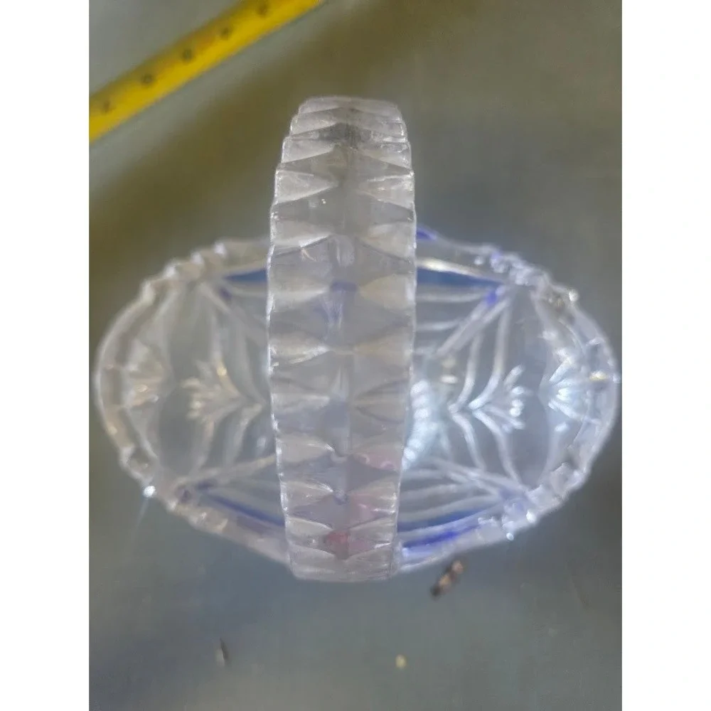 Vintage Cut Crystal Glass Basket Blue Flash Trim Floral Design 6 Inch Handle
